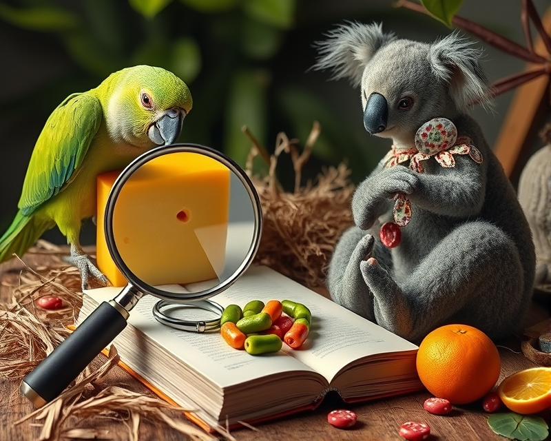 magnifying glass, lettuce, parrot, pickle, cheese, teddy bear, hay, gorilla, chameleon, book, napkin, orange, candy, koala, poker chip